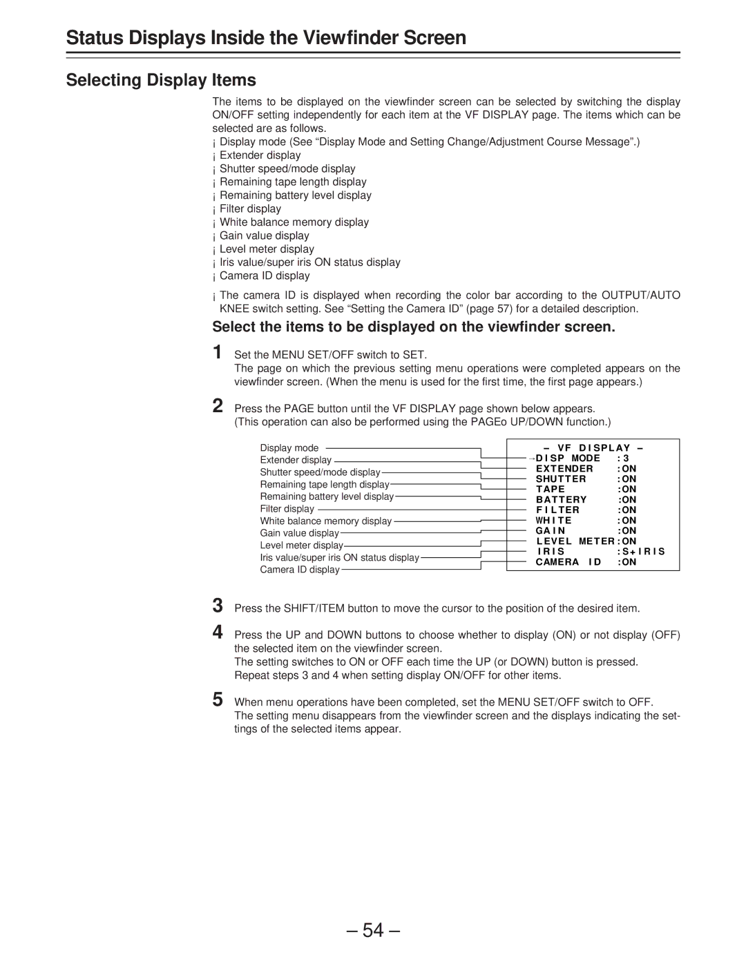 Panasonic AJ-D400 operating instructions Selecting Display Items, Select the items to be displayed on the viewfinder screen 