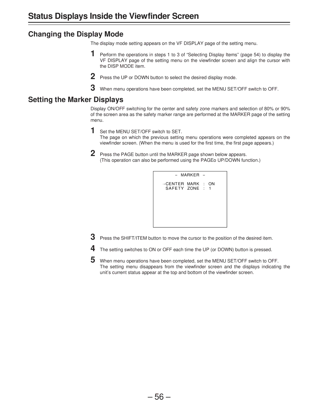 Panasonic AJ-D400 operating instructions Changing the Display Mode, Setting the Marker Displays 