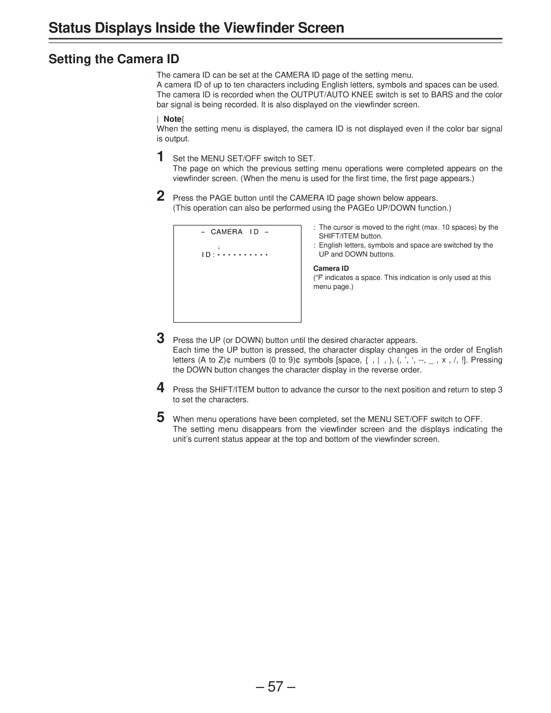 Panasonic AJ-D400 operating instructions Setting the Camera ID 