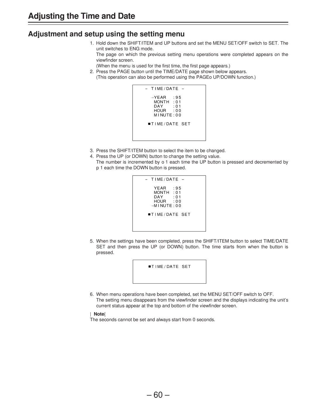 Panasonic AJ-D400 operating instructions Adjusting the Time and Date, Adjustment and setup using the setting menu 