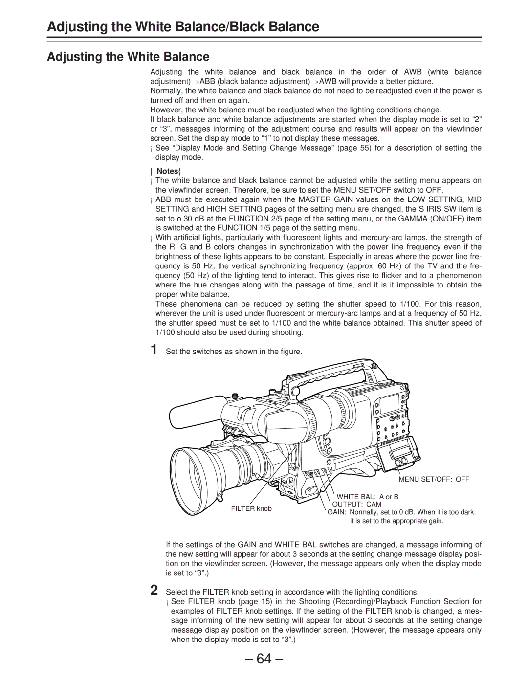 Panasonic AJ-D400 operating instructions Adjusting the White Balance/Black Balance 