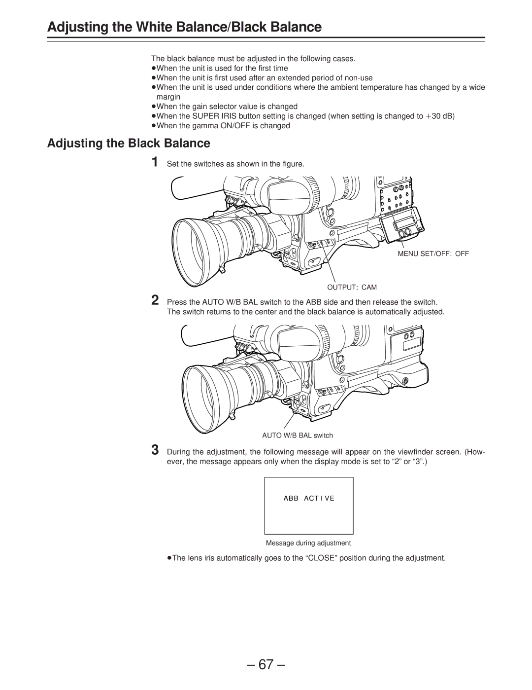 Panasonic AJ-D400 operating instructions Adjusting the Black Balance, Menu SET/OFF OFF Output CAM 