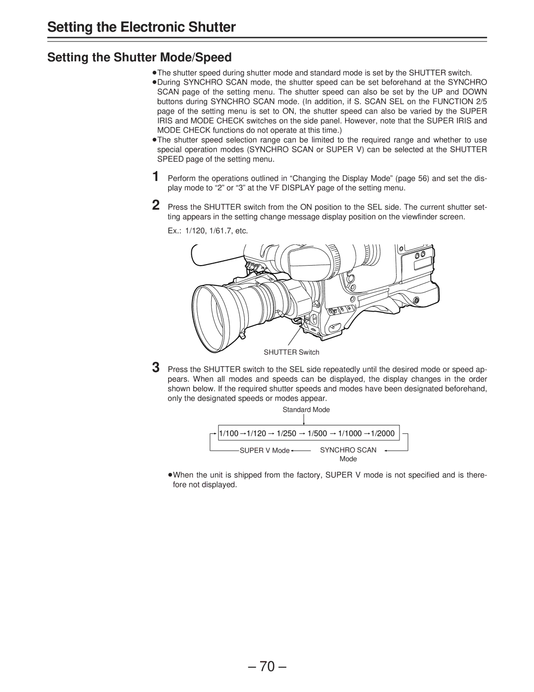 Panasonic AJ-D400 operating instructions Setting the Shutter Mode/Speed, 120 250 500 1000 2000 