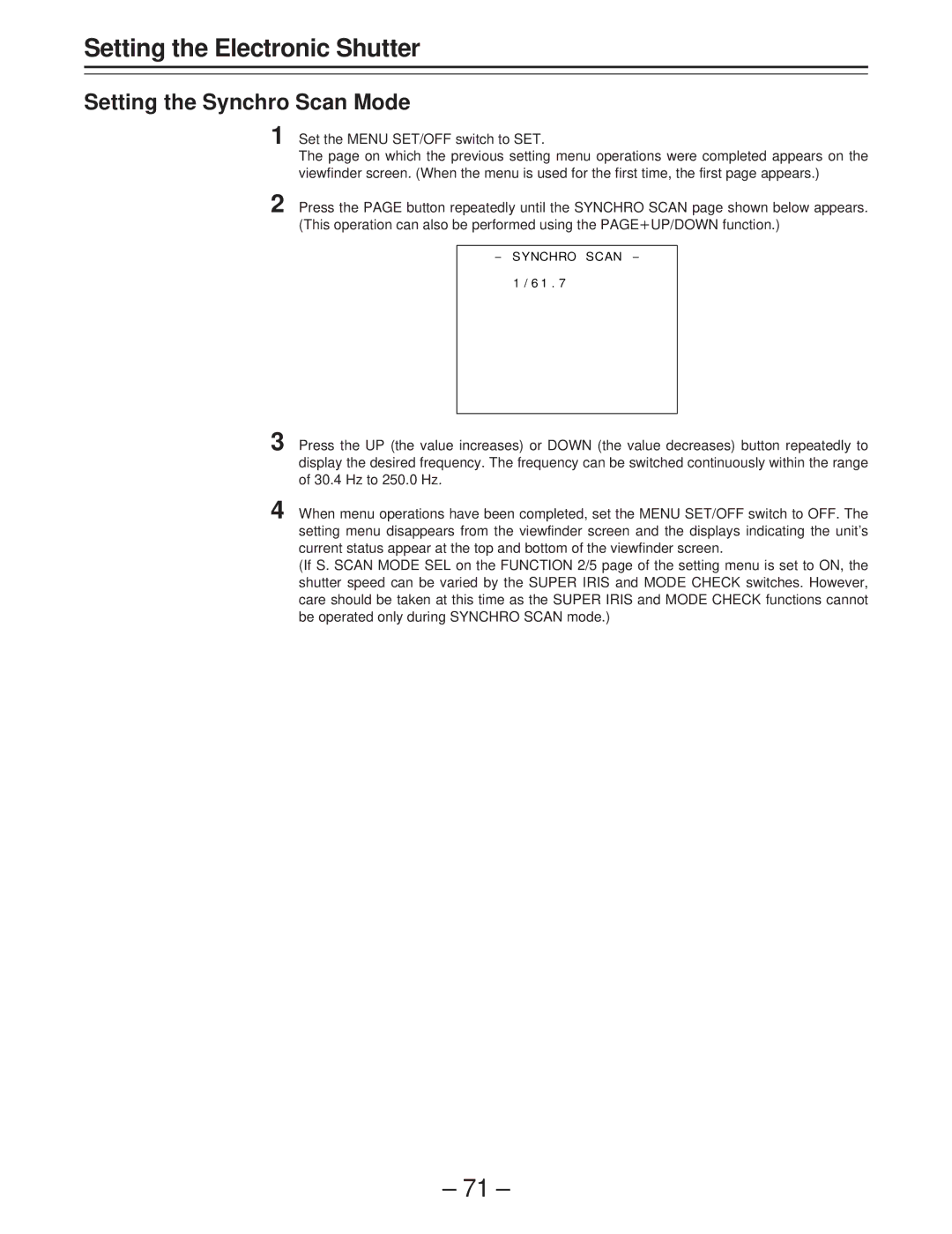 Panasonic AJ-D400 operating instructions Setting the Synchro Scan Mode 