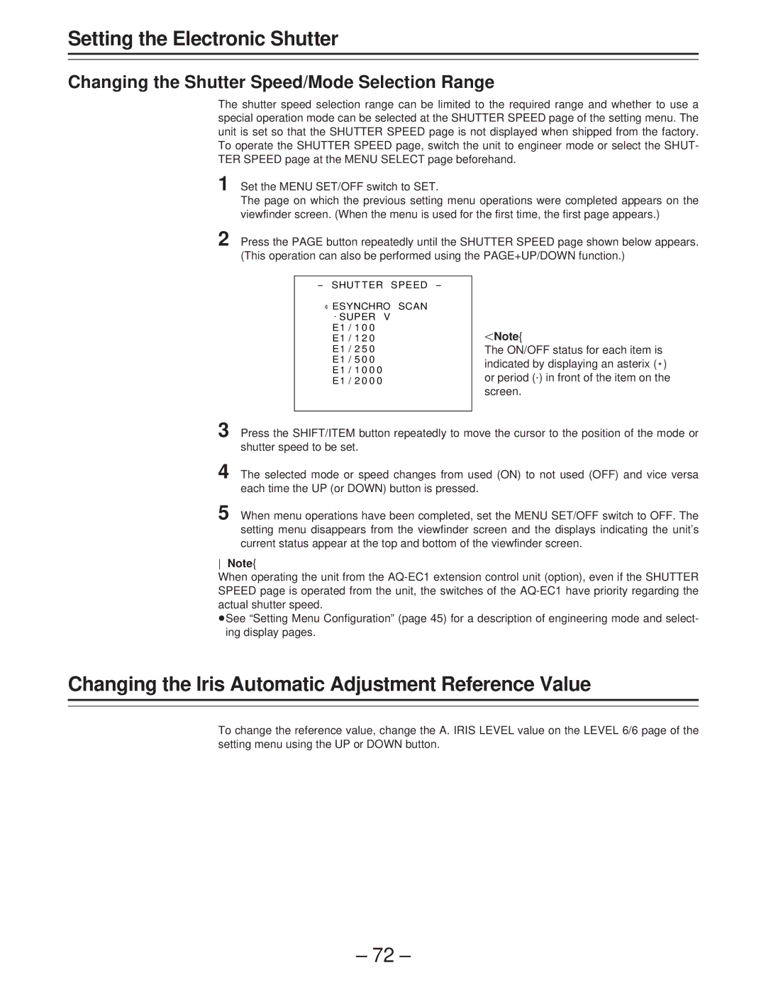 Panasonic AJ-D400 Changing the lris Automatic Adjustment Reference Value, Changing the Shutter Speed/Mode Selection Range 