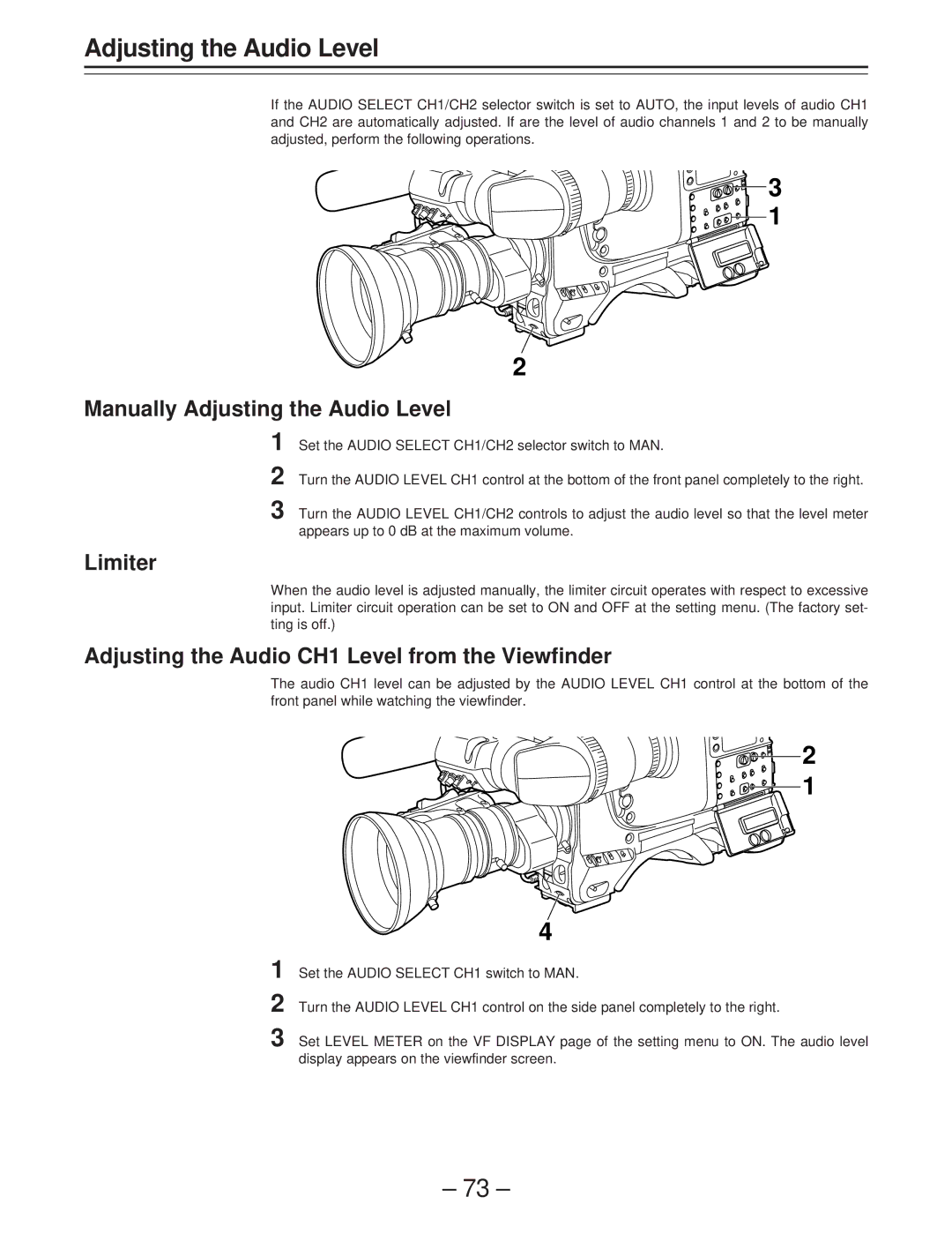 Panasonic AJ-D400 Manually Adjusting the Audio Level, Limiter, Adjusting the Audio CH1 Level from the Viewfinder 