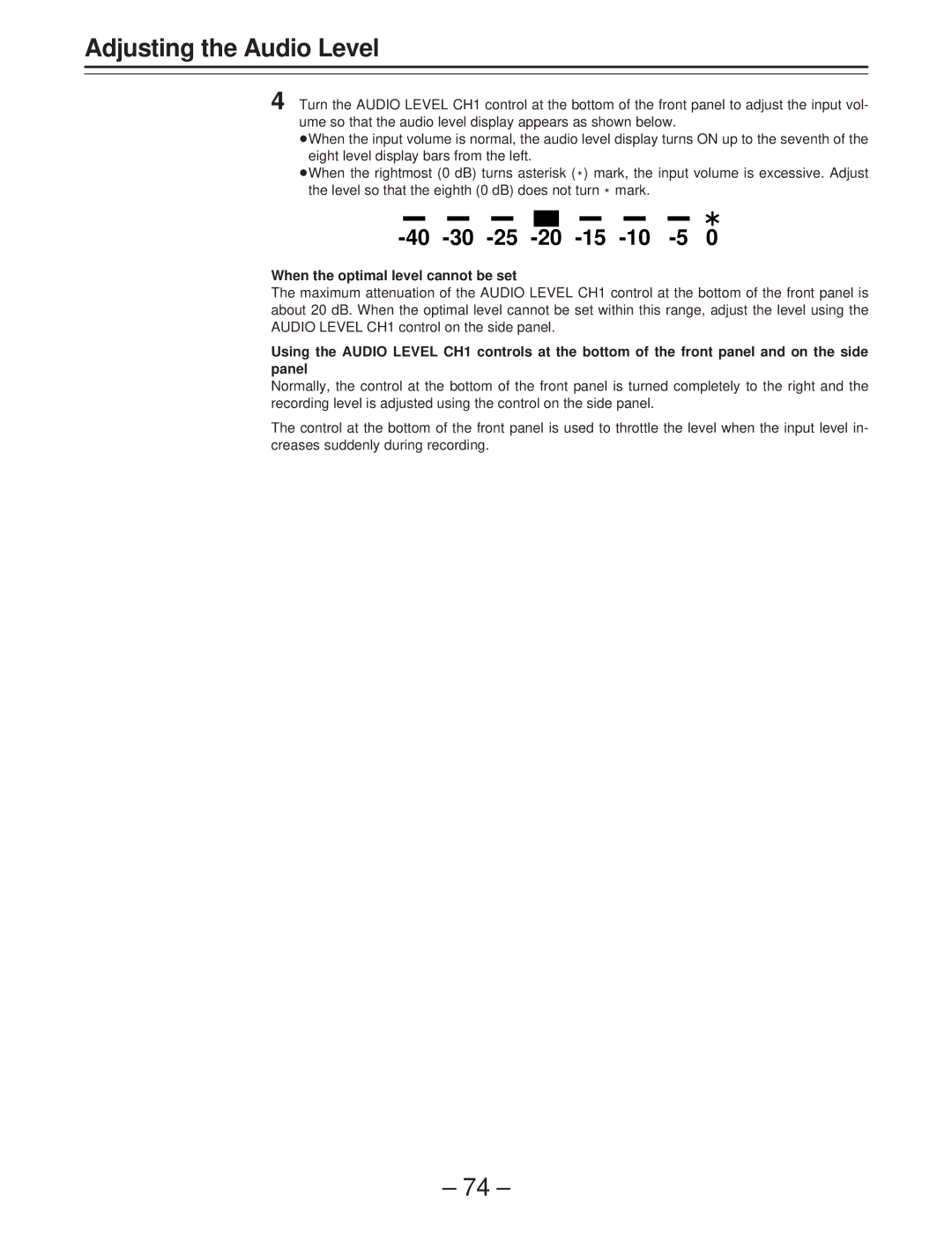 Panasonic AJ-D400 operating instructions 40 -30 -25 -20 -15 -10 -5 E0, When the optimal level cannot be set 