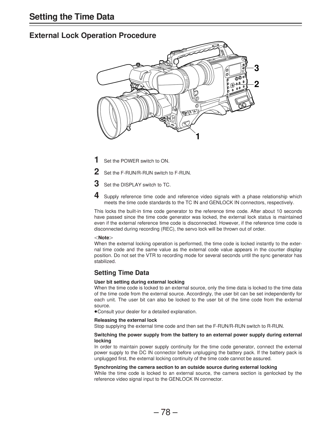 Panasonic AJ-D400 External Lock Operation Procedure, Setting Time Data, User bit setting during external locking 