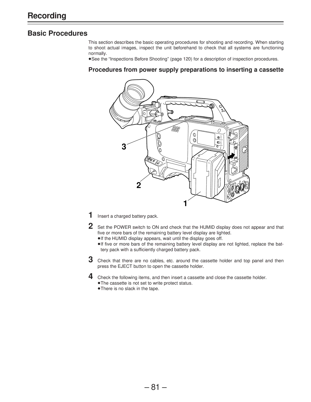 Panasonic AJ-D400 operating instructions Recording, Basic Procedures 