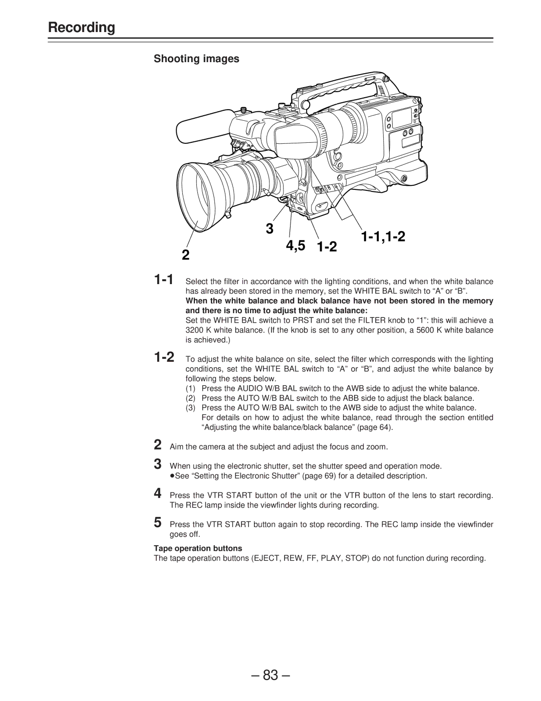 Panasonic AJ-D400 operating instructions 1-2, Shooting images, Tape operation buttons 