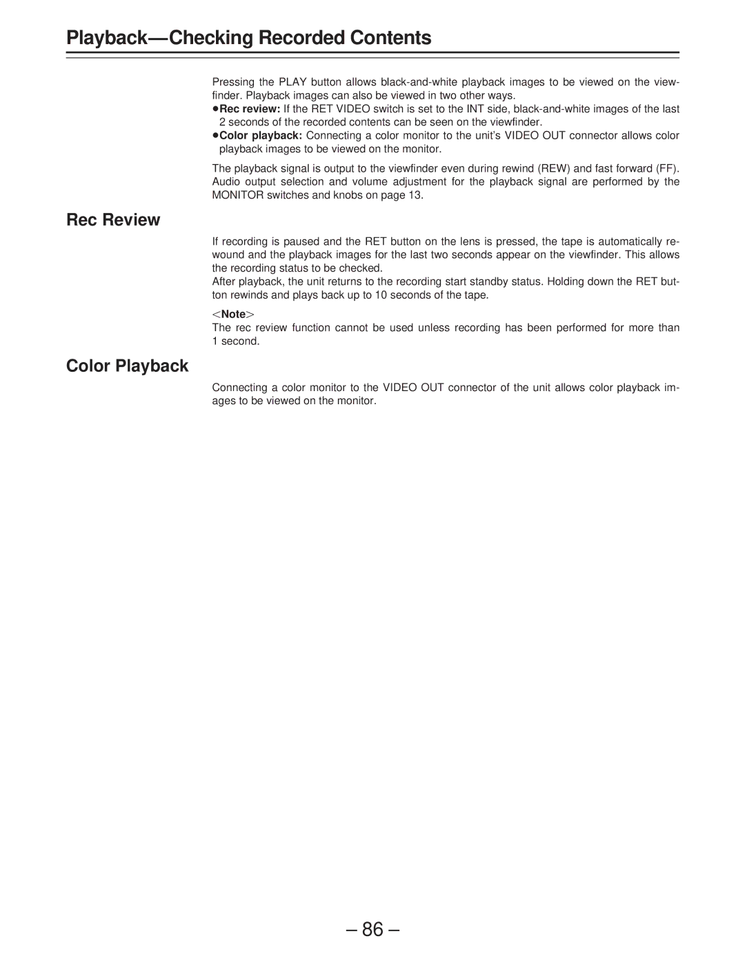 Panasonic AJ-D400 operating instructions Playback-Checking Recorded Contents 