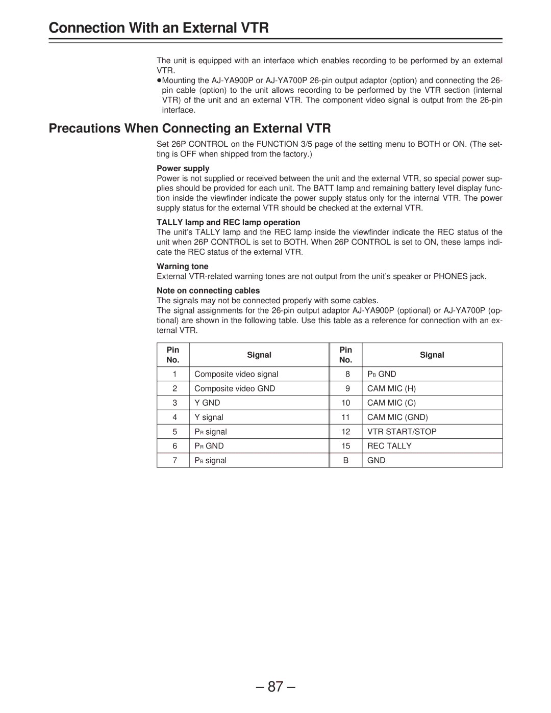 Panasonic AJ-D400 Connection With an External VTR, Precautions When Connecting an External VTR, Power supply, Pin Signal 