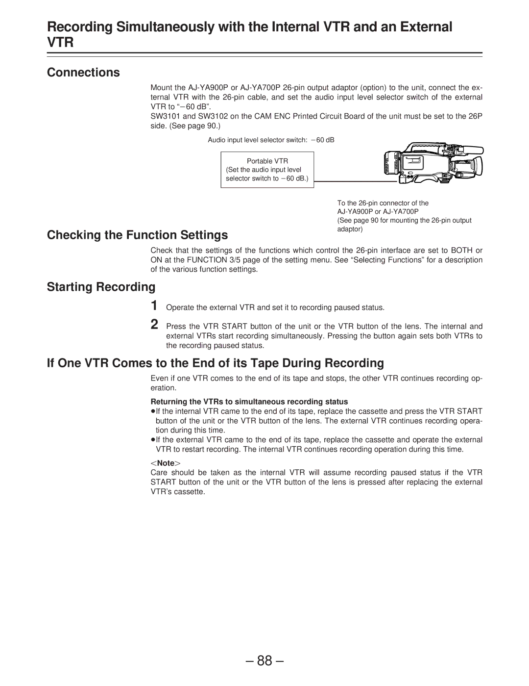 Panasonic AJ-D400 operating instructions Connections, Checking the Function Settings, Starting Recording 