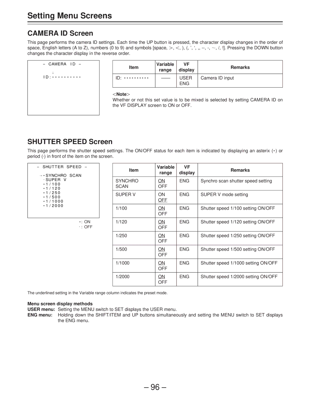 Panasonic AJ-D400 Camera ID Screen, Shutter Speed Screen, Variable Remarks, Menu screen display methods 