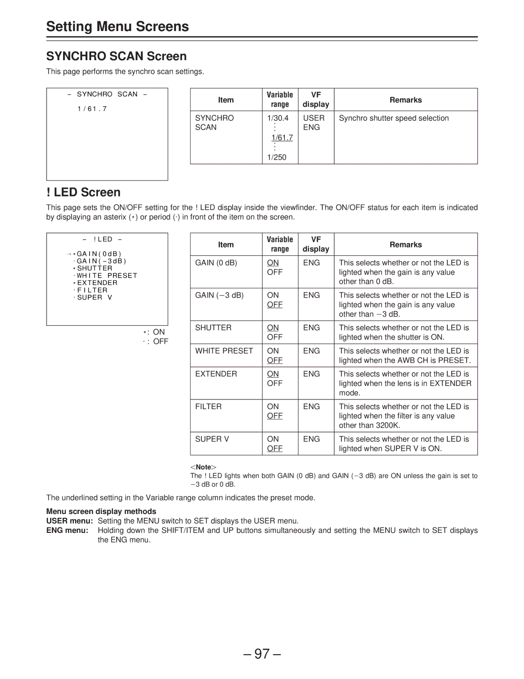 Panasonic AJ-D400 operating instructions Synchro Scan Screen, LED Screen 