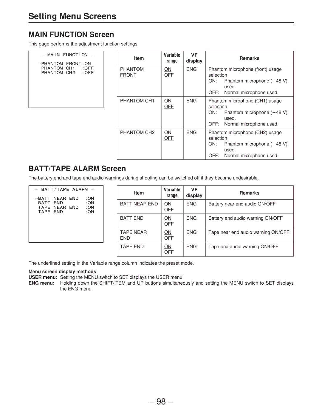 Panasonic AJ-D400 operating instructions Main Function Screen, BATT/TAPE Alarm Screen 