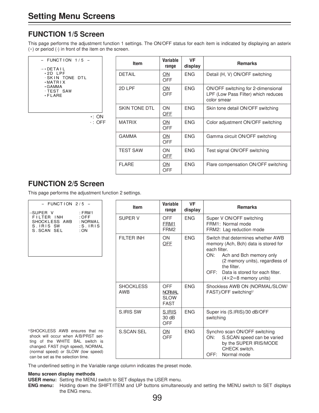 Panasonic AJ-D400 operating instructions Function 1/5 Screen, Function 2/5 Screen 