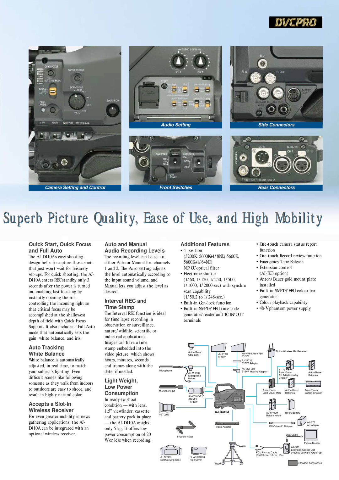 Panasonic AJ-D410A manual Superb Picture Quality, Ease of Use, and High Mobility 