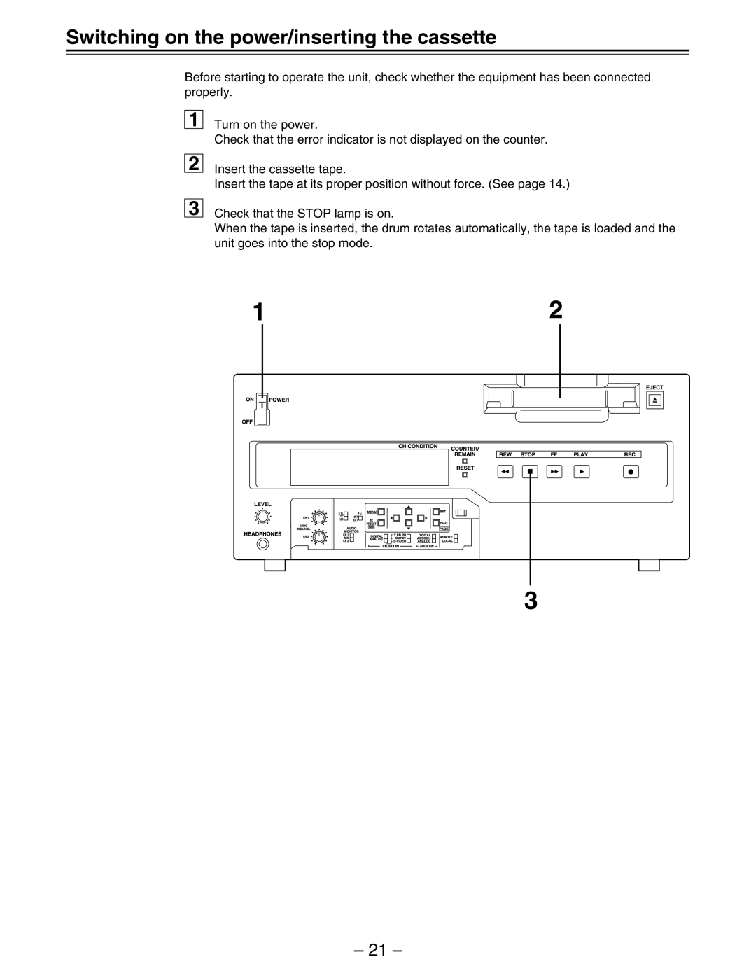 Panasonic AJ-D440, AJ-D450 manual Switching on the power/inserting the cassette 