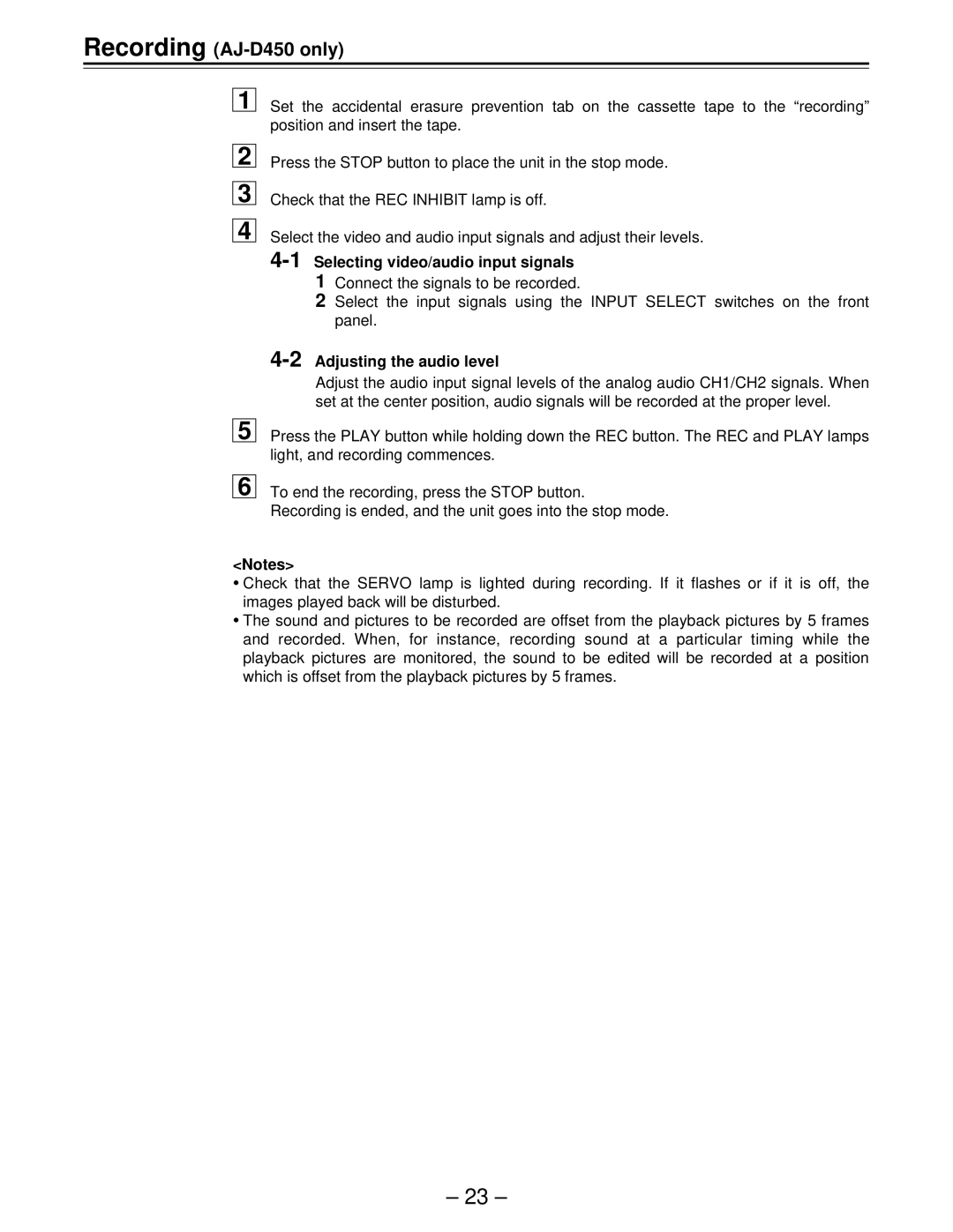 Panasonic AJ-D440 manual Recording AJ-D450 only, 1Selecting video/audio input signals, 2Adjusting the audio level 