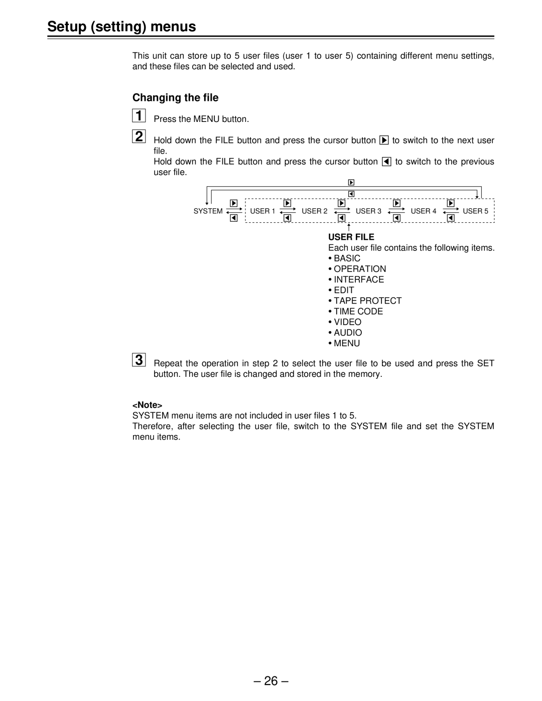 Panasonic AJ-D450, AJ-D440 manual Setup setting menus, Changing the file 