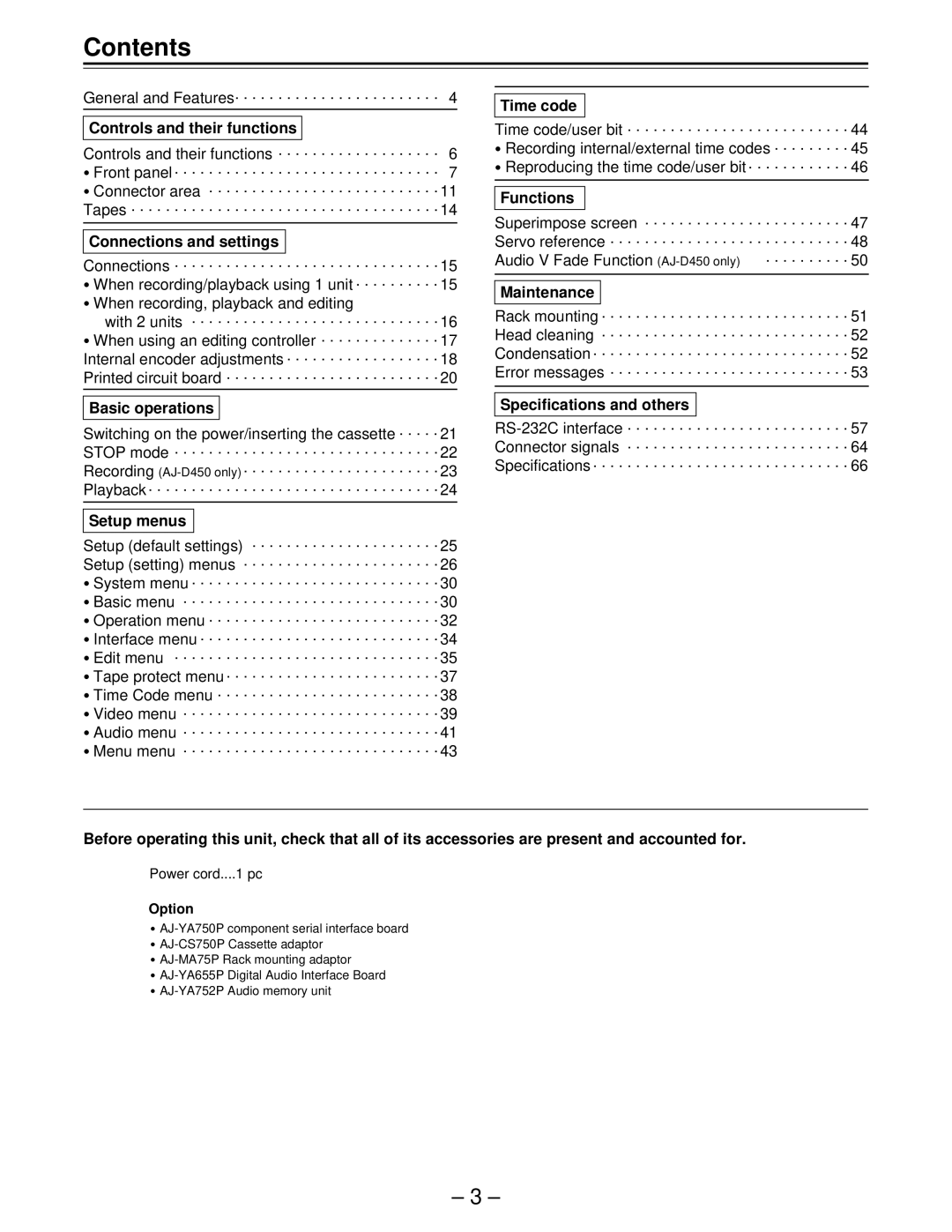 Panasonic AJ-D440, AJ-D450 manual Contents 