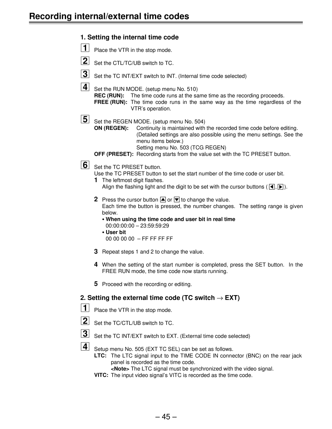 Panasonic AJ-D440, AJ-D450 manual Recording internal/external time codes, Setting the internal time code 