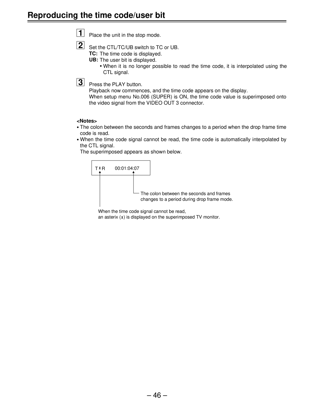 Panasonic AJ-D450, AJ-D440 manual Reproducing the time code/user bit 