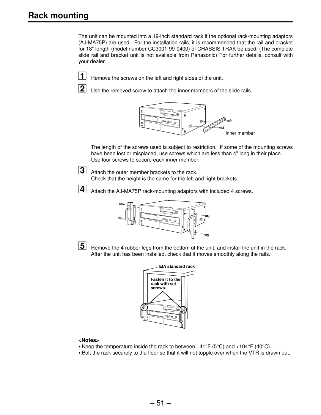 Panasonic AJ-D440, AJ-D450 manual Rack mounting 