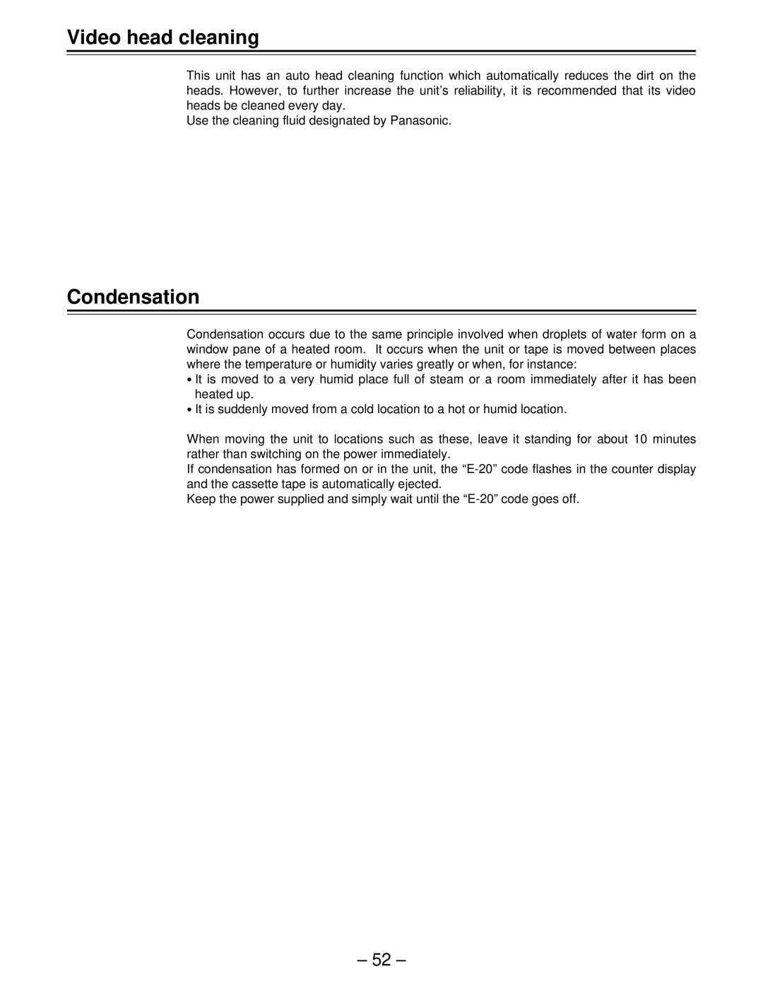Panasonic AJ-D450, AJ-D440 manual Video head cleaning, Condensation 