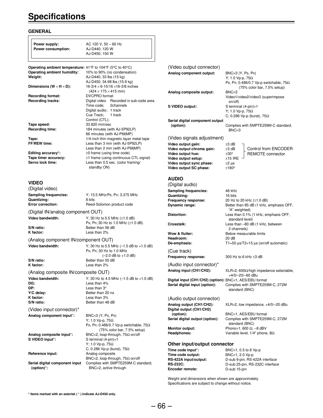 Panasonic AJ-D450, AJ-D440 manual Specifications, General 