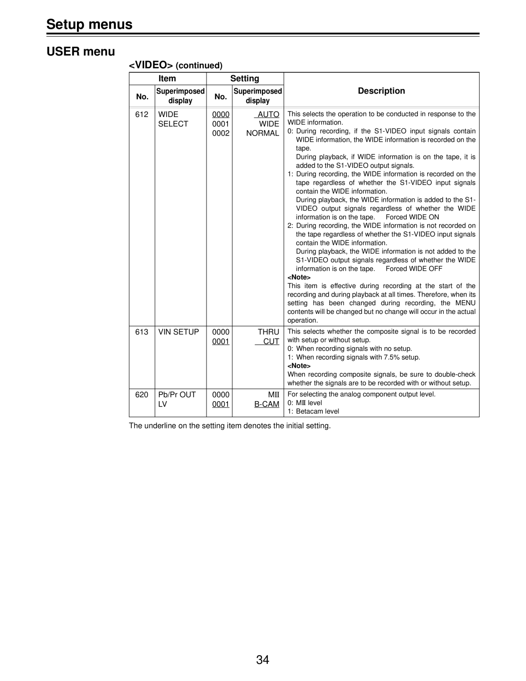 Panasonic AJ-D455 manual Video Setting Description, Wide, Select, Normal, VIN Setup 