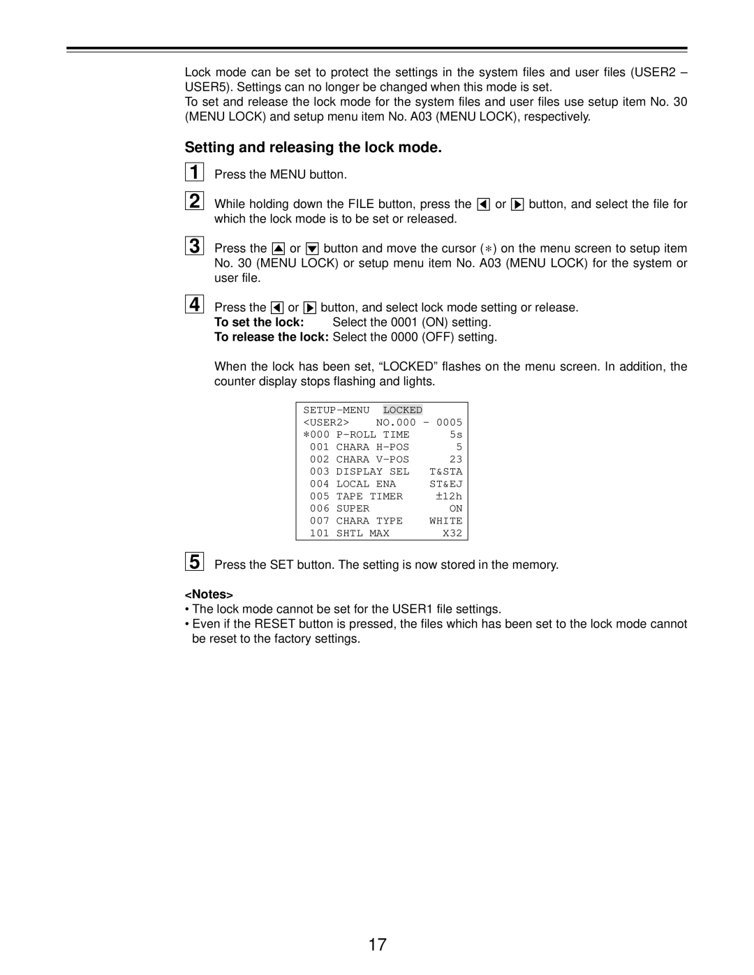 Panasonic AJ-D455 manual Setting and releasing the lock mode 