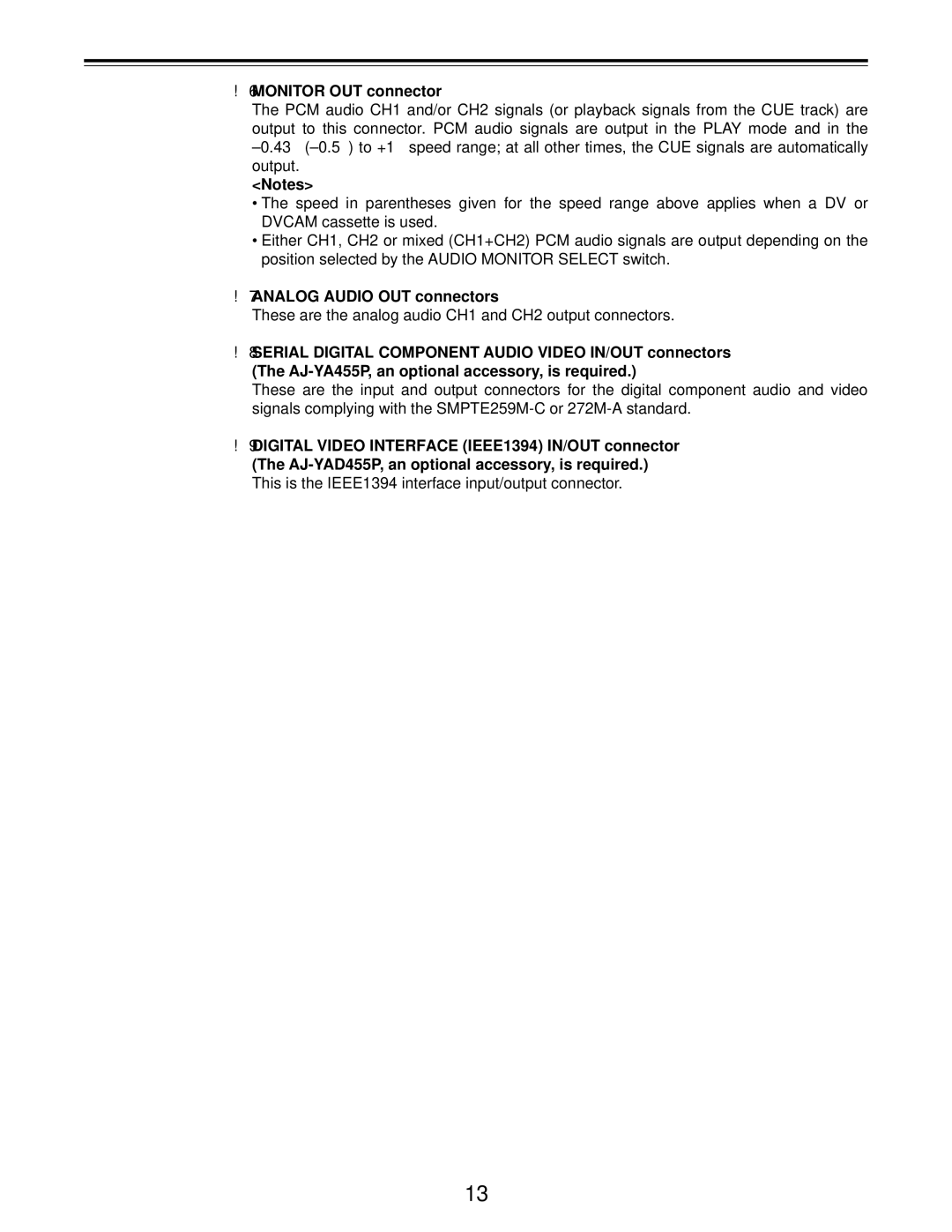 Panasonic AJ-D455P operating instructions 6MONITOR OUT connector, 7ANALOG Audio OUT connectors 