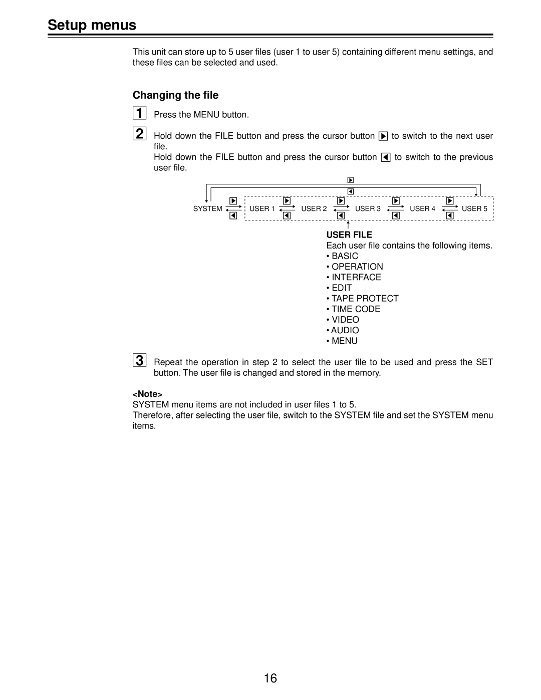 Panasonic AJ-D455P operating instructions Setup menus, Changing the file 