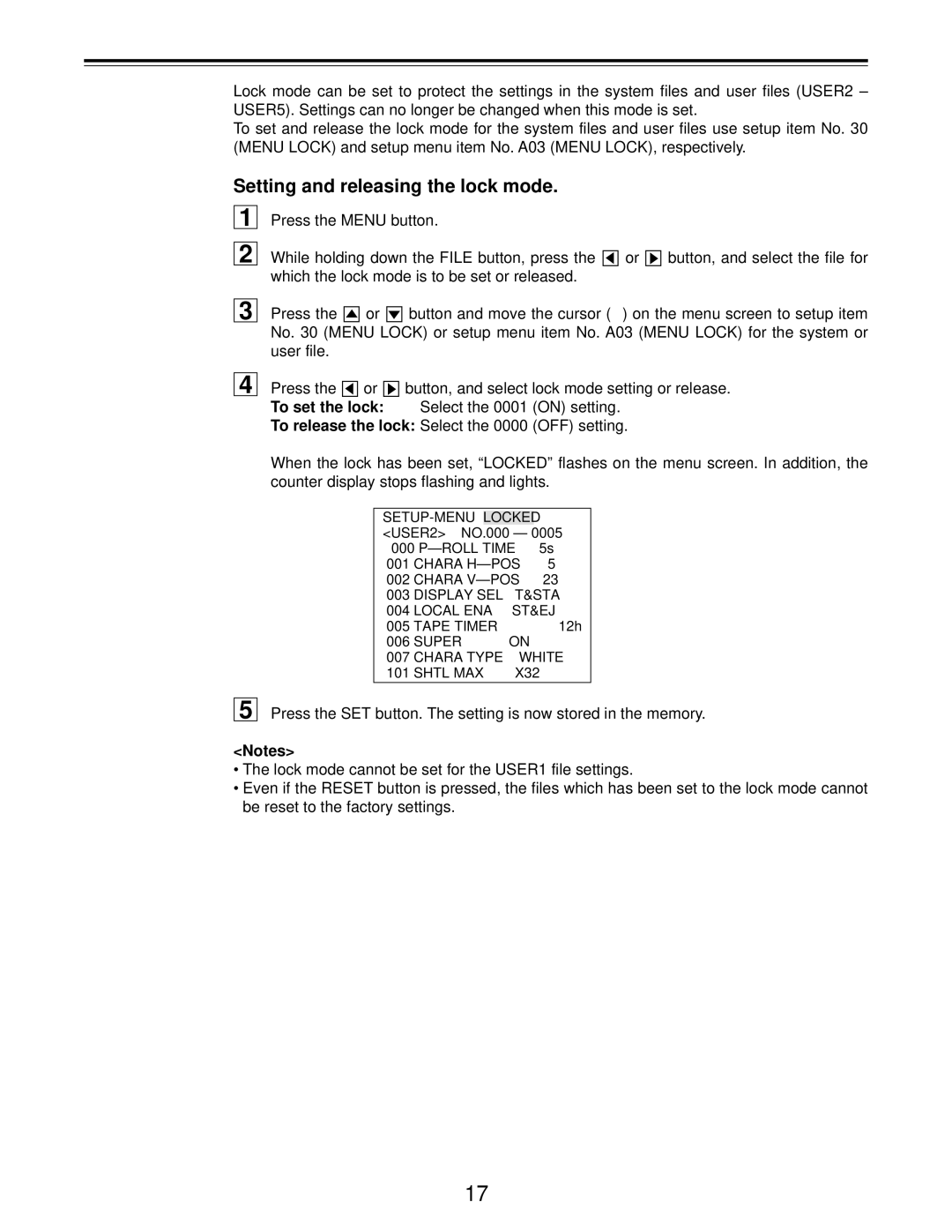 Panasonic AJ-D455P operating instructions Setting and releasing the lock mode 