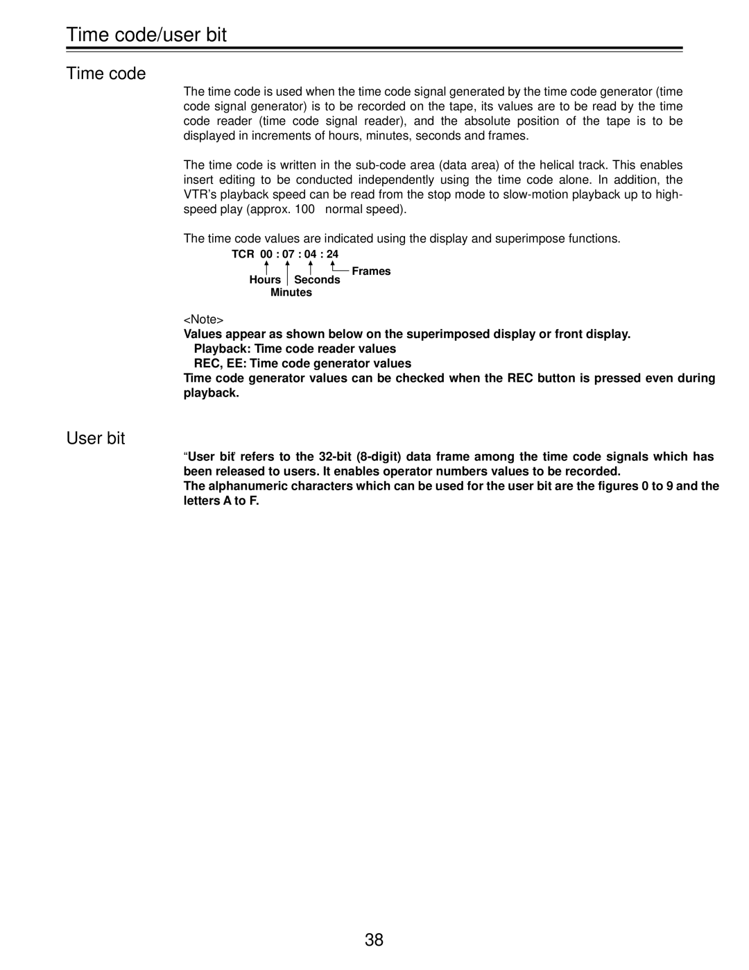 Panasonic AJ-D455P operating instructions Time code/user bit, User bit 