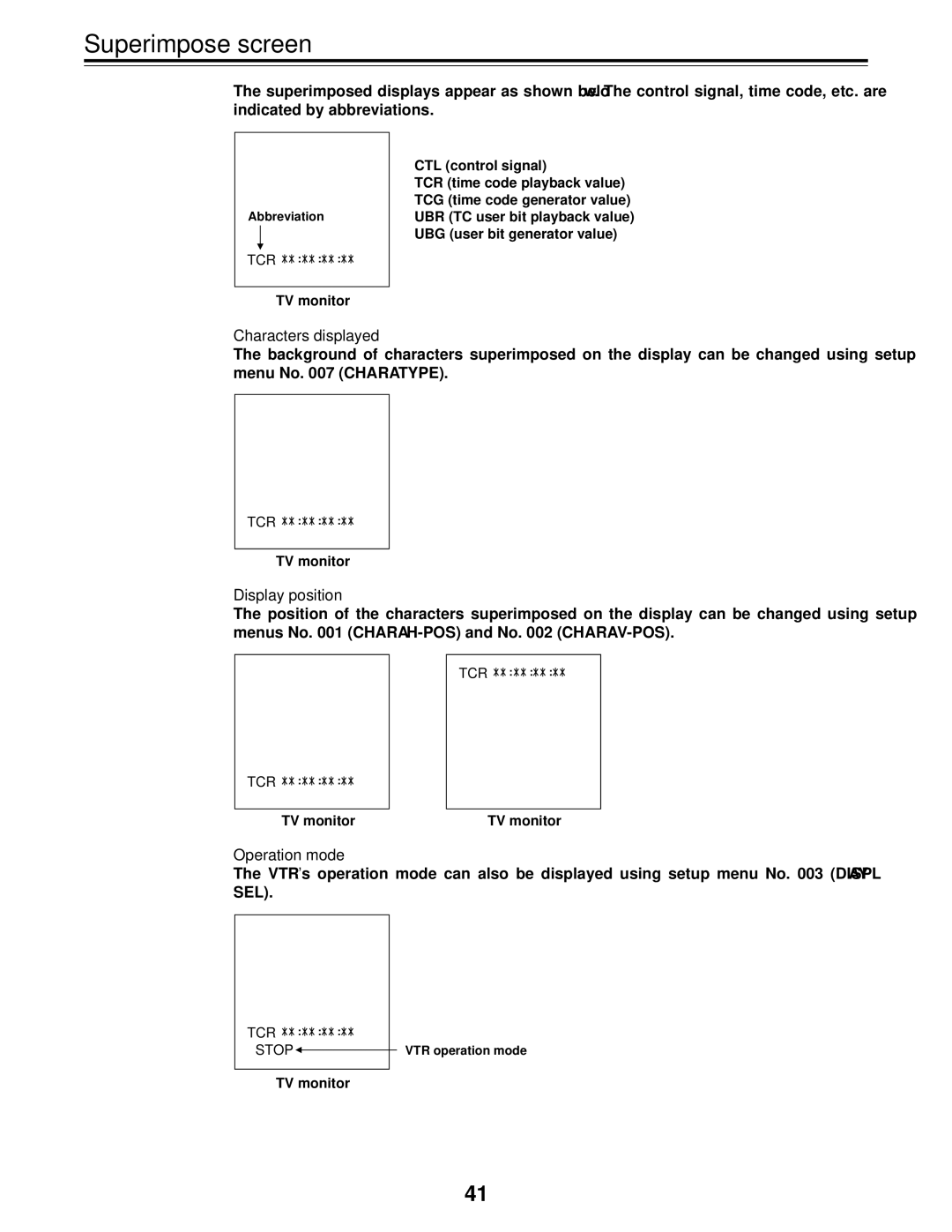 Panasonic AJ-D455P operating instructions Superimpose screen, Characters displayed, Display position, Operation mode 