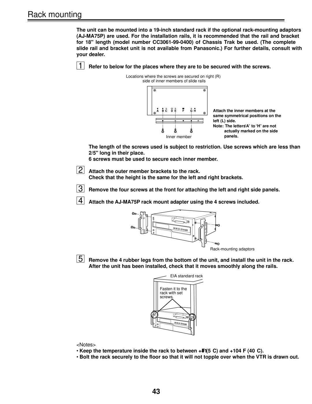 Panasonic AJ-D455P operating instructions Rack mounting 