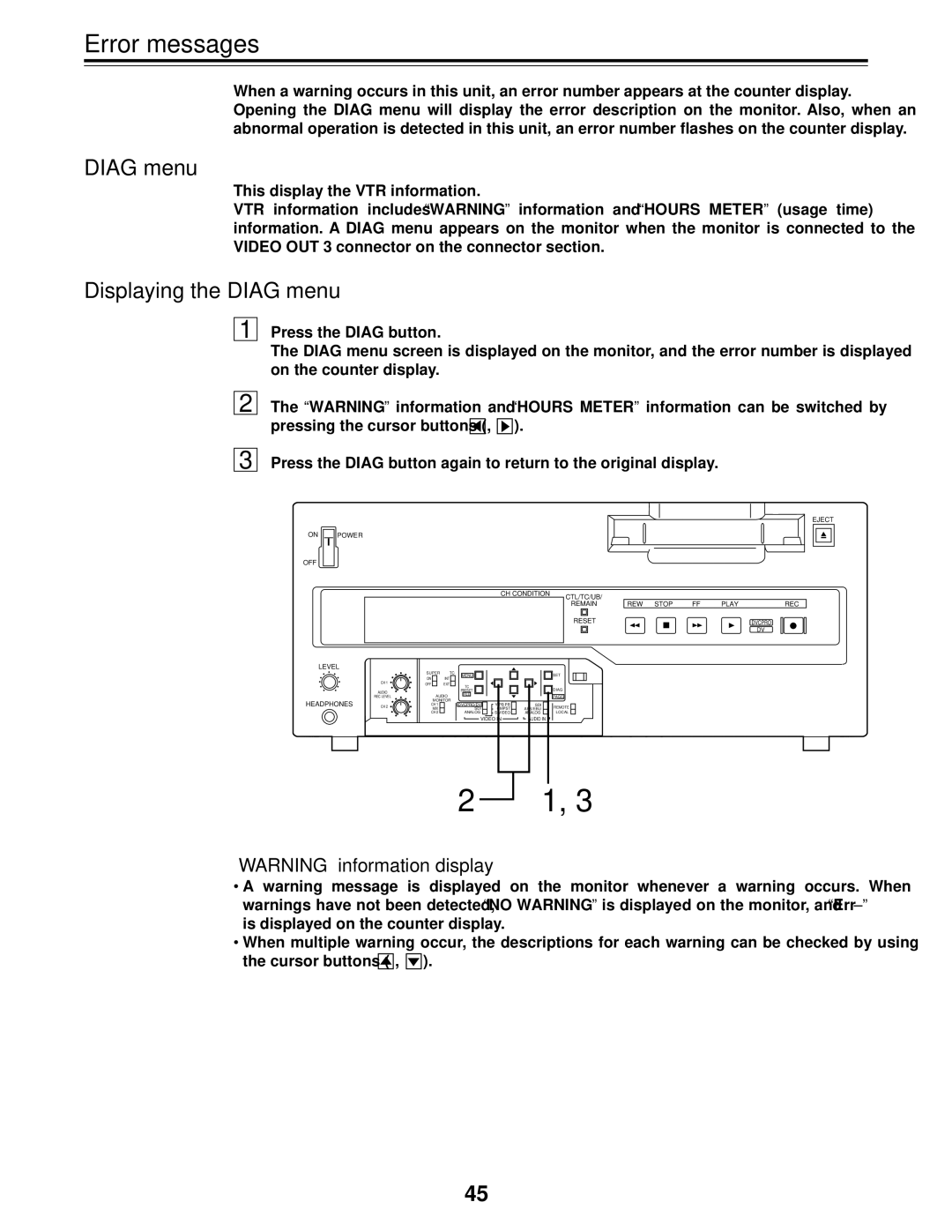 Panasonic AJ-D455P operating instructions Error messages, Displaying the Diag menu 