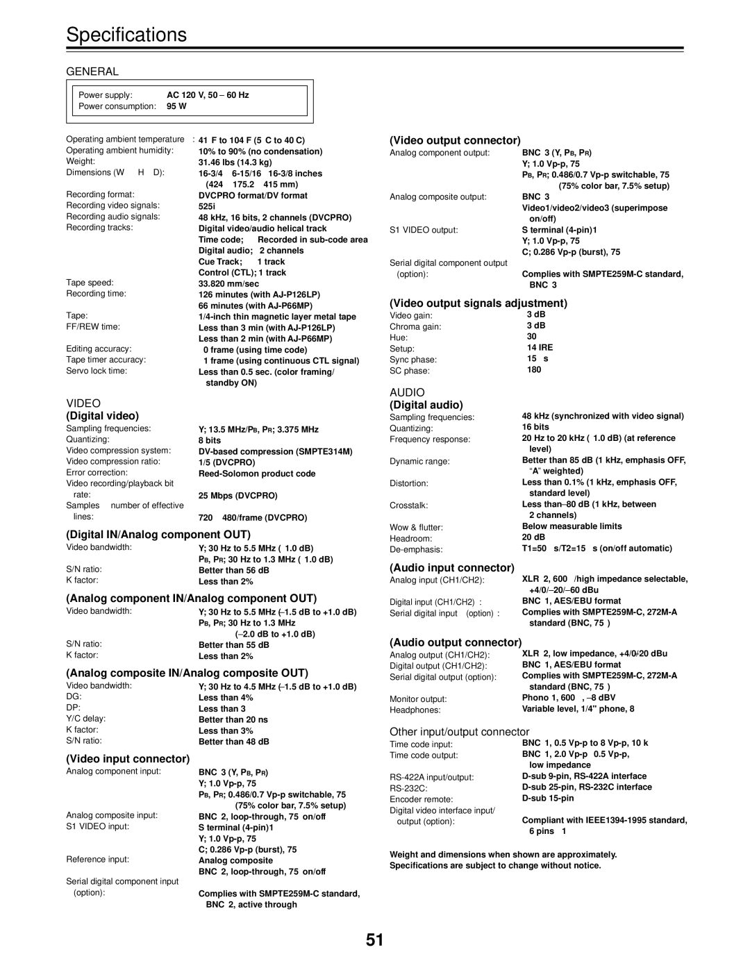 Panasonic AJ-D455P operating instructions Specifications, Other input/output connector 