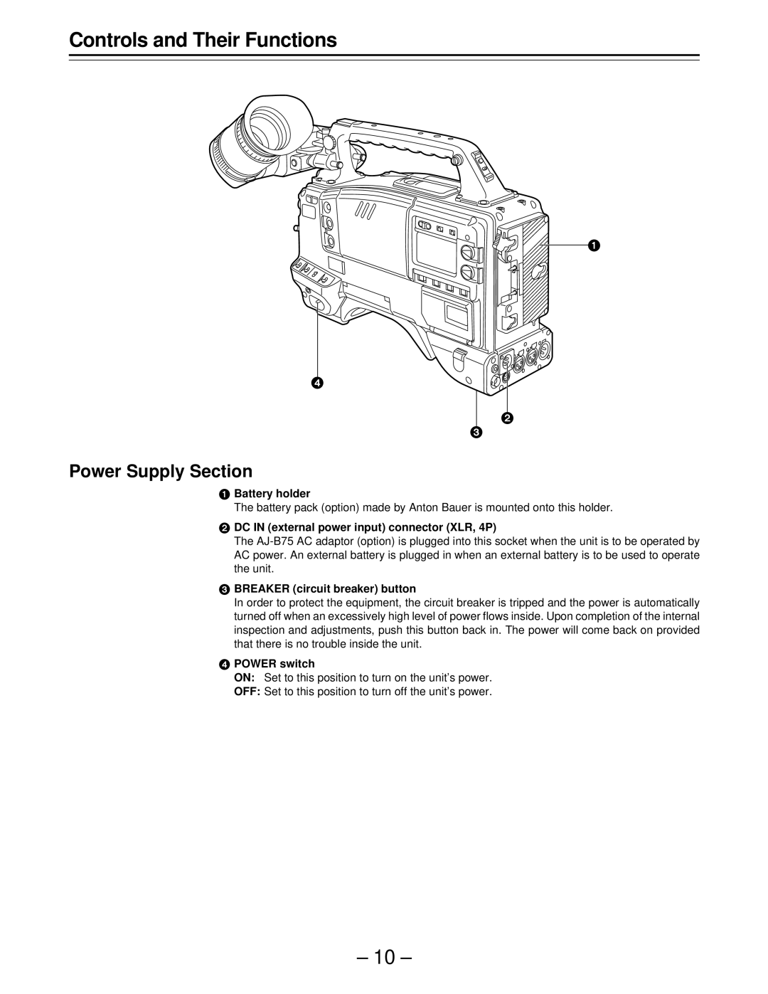 Panasonic AJ-D610WBp operating instructions Controls and Their Functions, Power Supply Section 