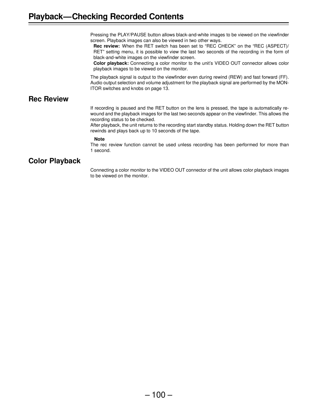 Panasonic AJ-D610WBp operating instructions Playback-Checking Recorded Contents 