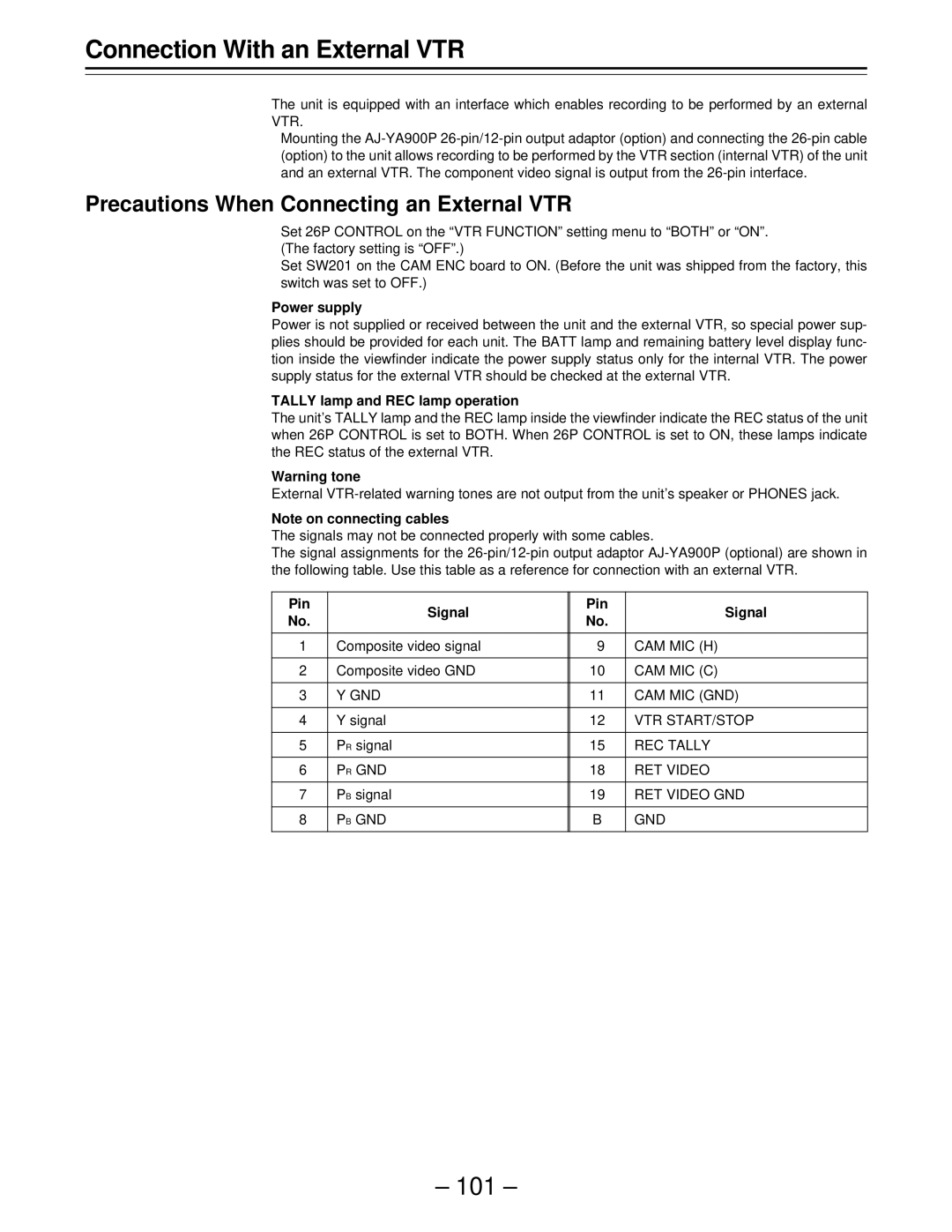 Panasonic AJ-D610WBp Connection With an External VTR, Precautions When Connecting an External VTR, Power supply 