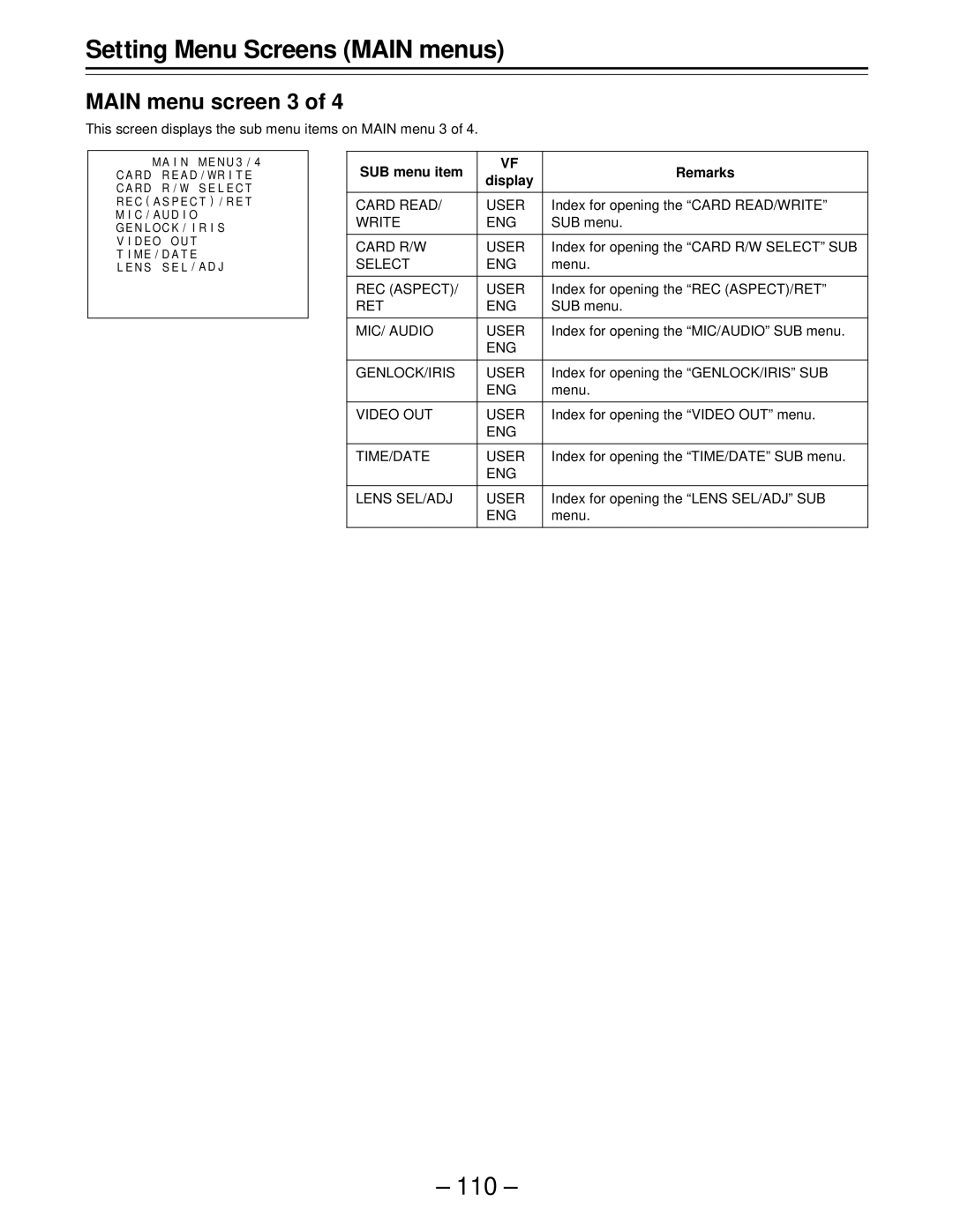 Panasonic AJ-D610WBp operating instructions Main menu screen 3 