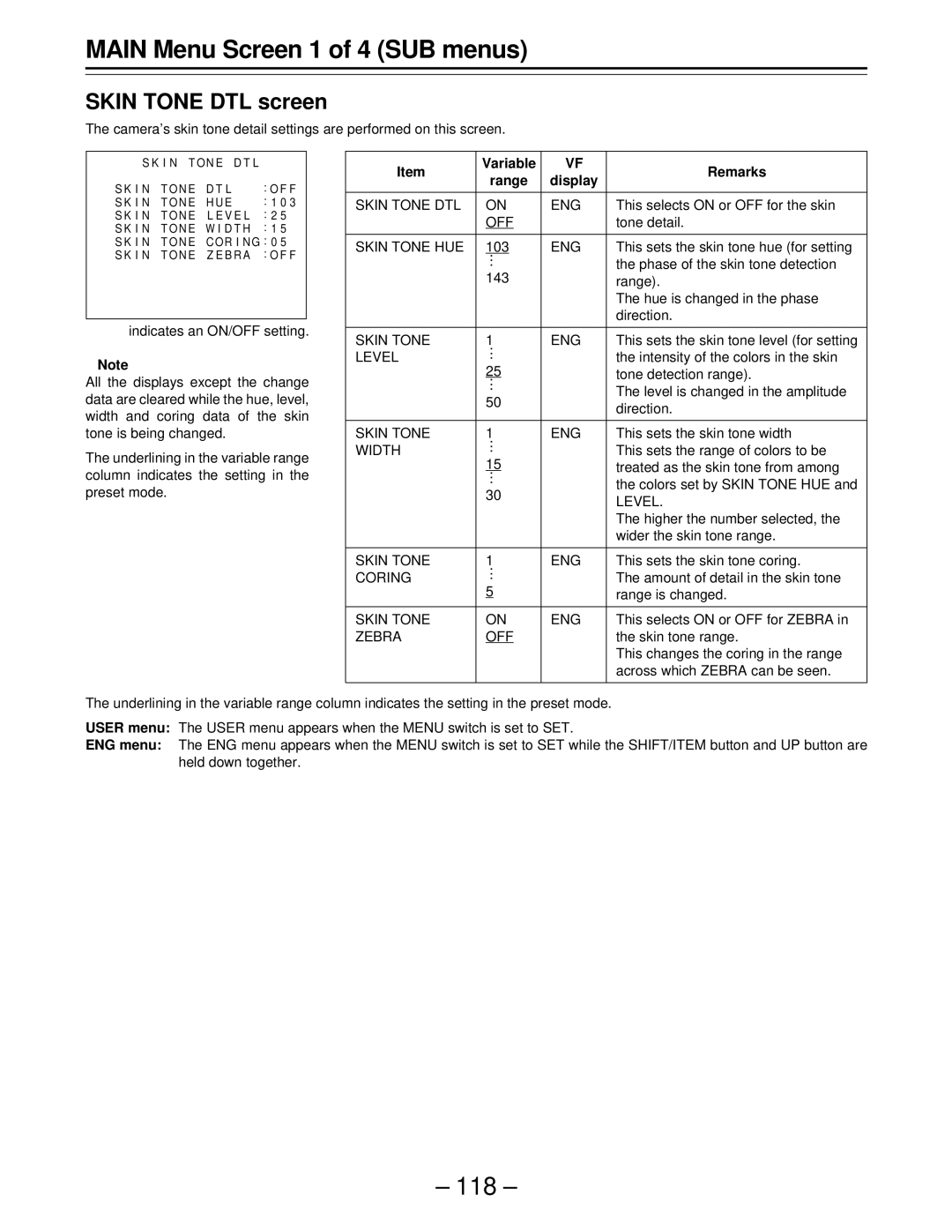 Panasonic AJ-D610WBp operating instructions Skin Tone DTL screen, Variable Remarks Range Display 