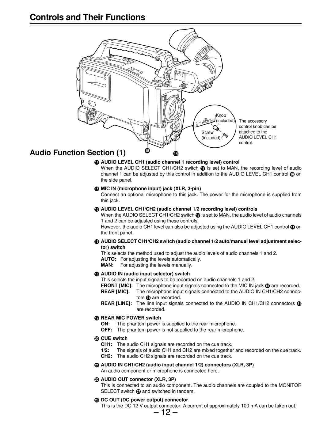 Panasonic AJ-D610WBp operating instructions Audio Function Section 