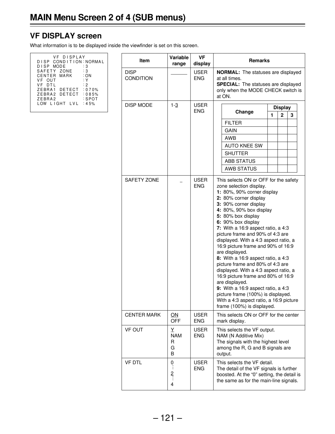 Panasonic AJ-D610WBp operating instructions Main Menu Screen 2 of 4 SUB menus, VF Display screen, Variable Remarks, Change 