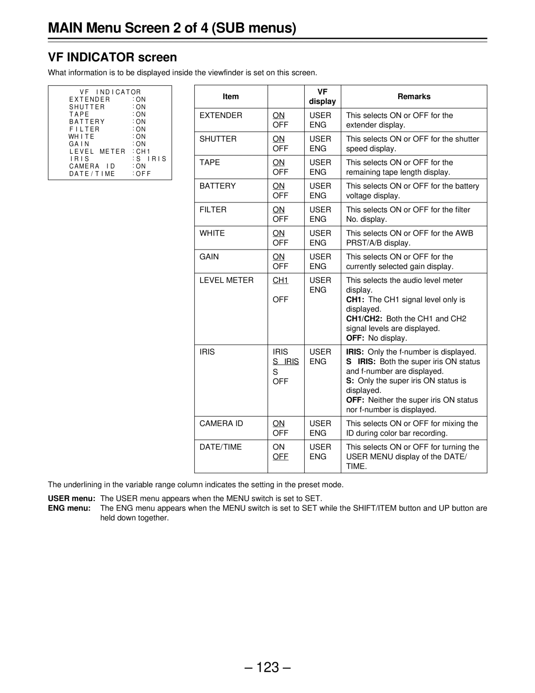 Panasonic AJ-D610WBp operating instructions VF Indicator screen 