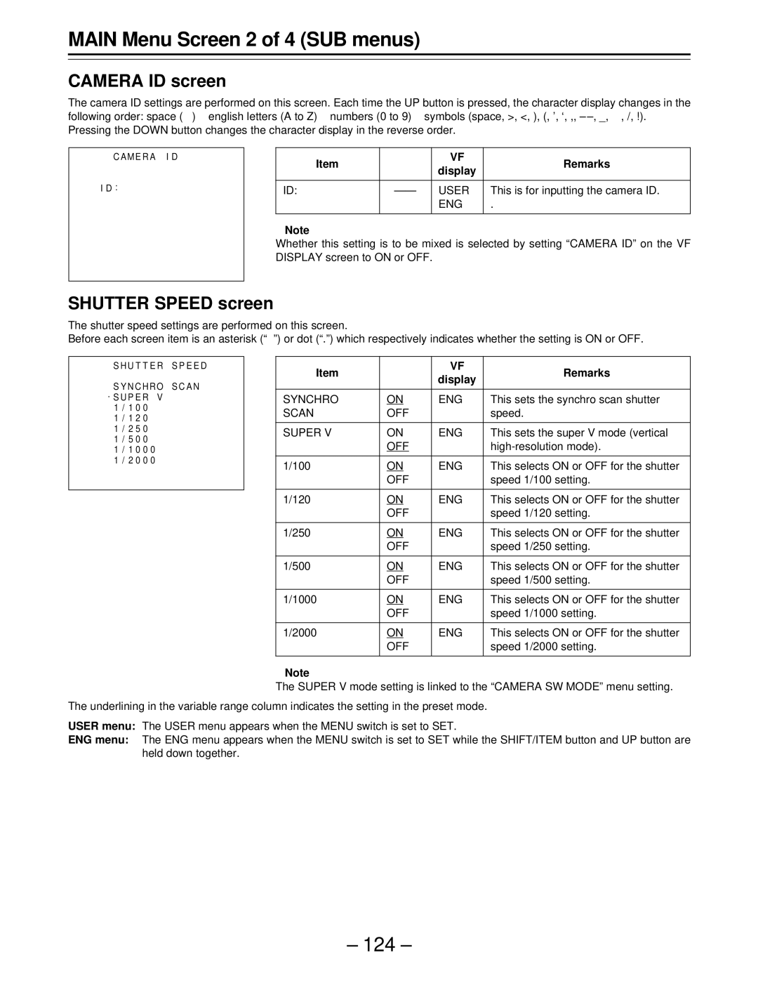 Panasonic AJ-D610WBp operating instructions Camera ID screen, Shutter Speed screen, Synchro ENG, Scan OFF, Super ENG 